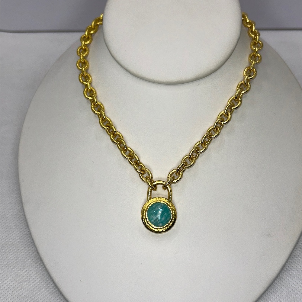 NWOT Gold Plated Bronze Turquoise Doublet “Padlock” Necklace By Bellezza